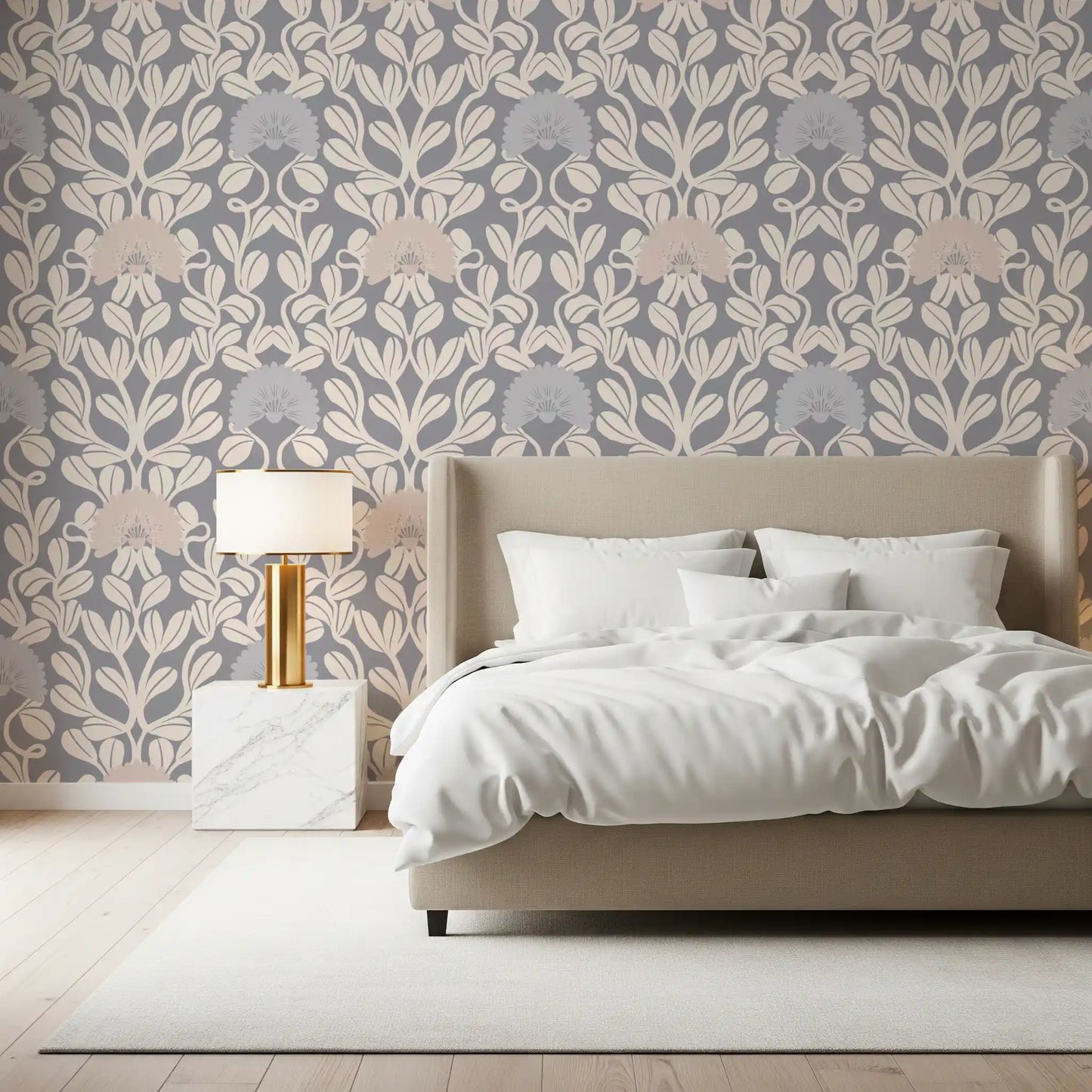 Grey and Cream Damask Floral Wallpaper⁠