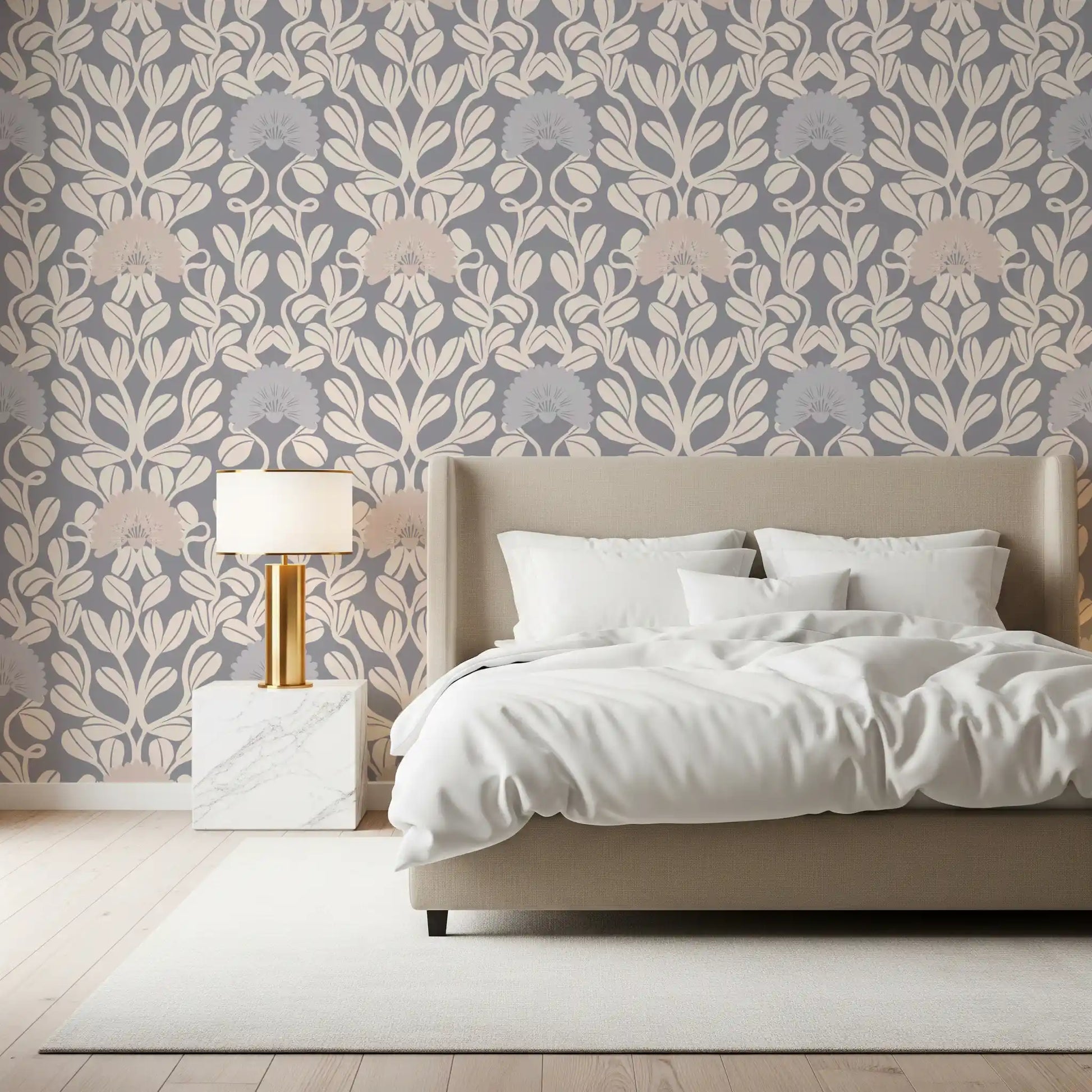 Grey and Cream Damask Floral Wallpaper⁠