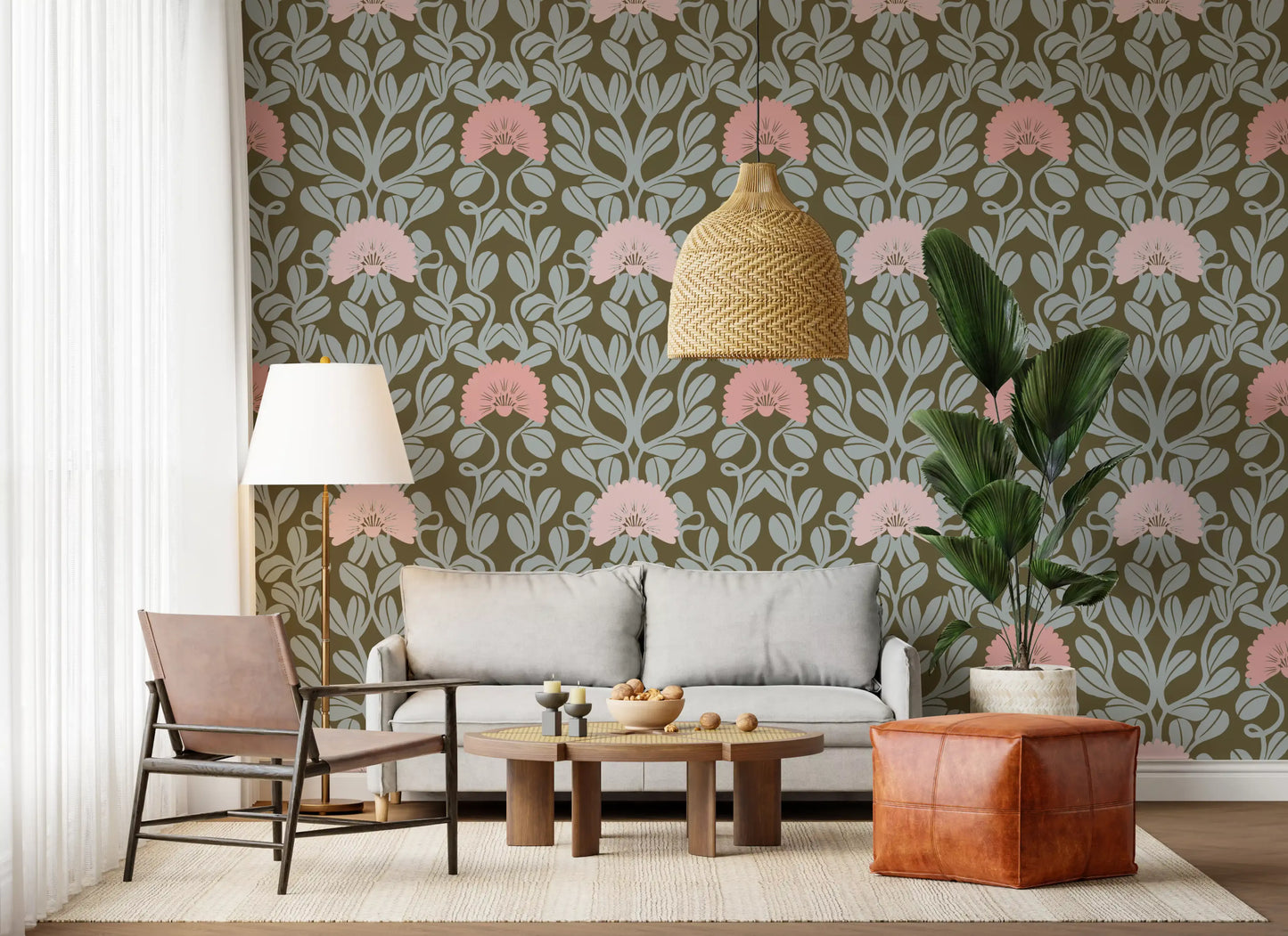 Sage and Blush Botanical Damask Wallpaper⁠