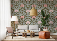 Sage and Blush Botanical Damask Wallpaper⁠