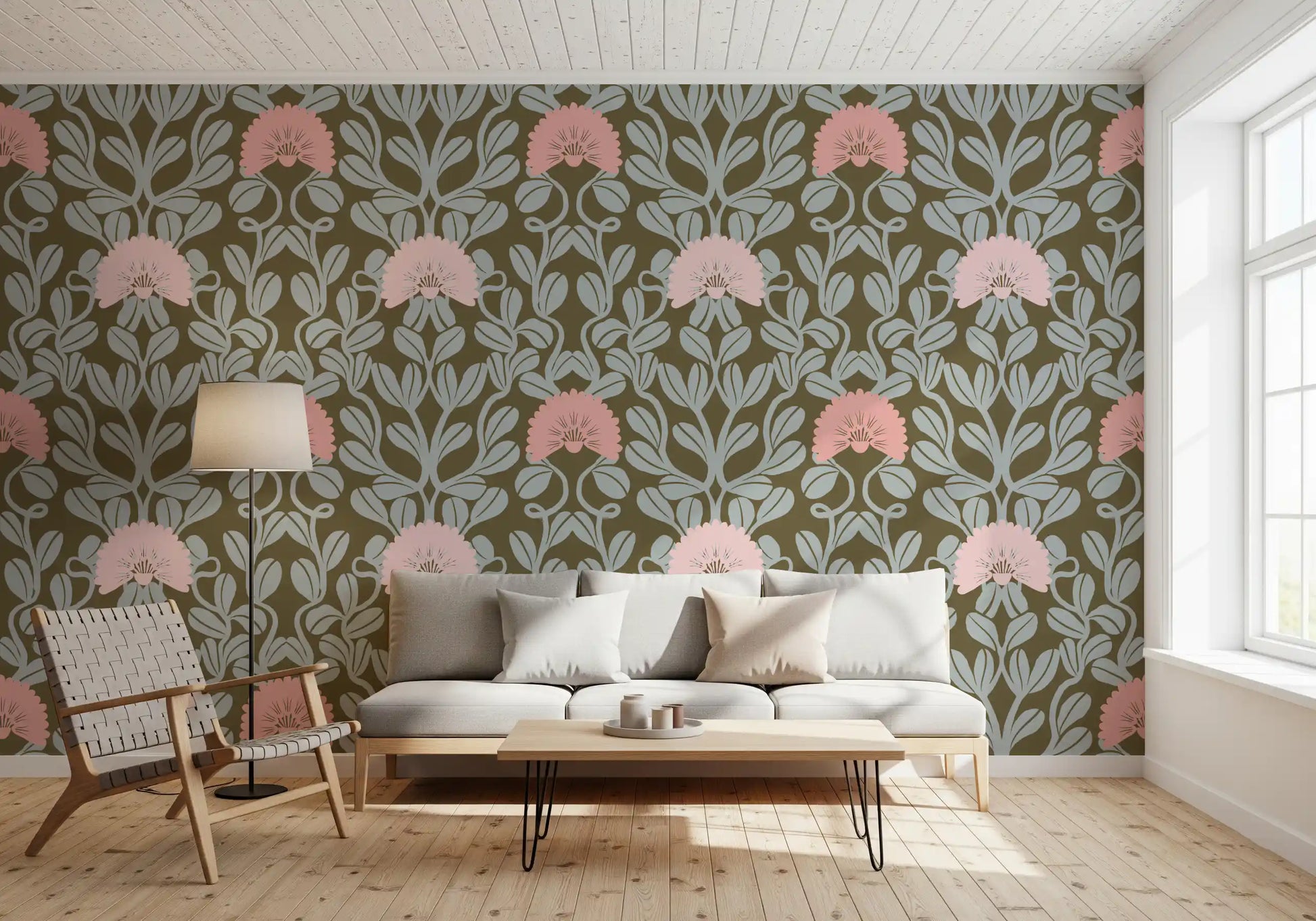 Sage and Blush Botanical Damask Wallpaper⁠