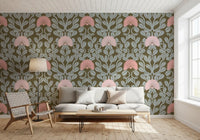 Sage and Blush Botanical Damask Wallpaper⁠