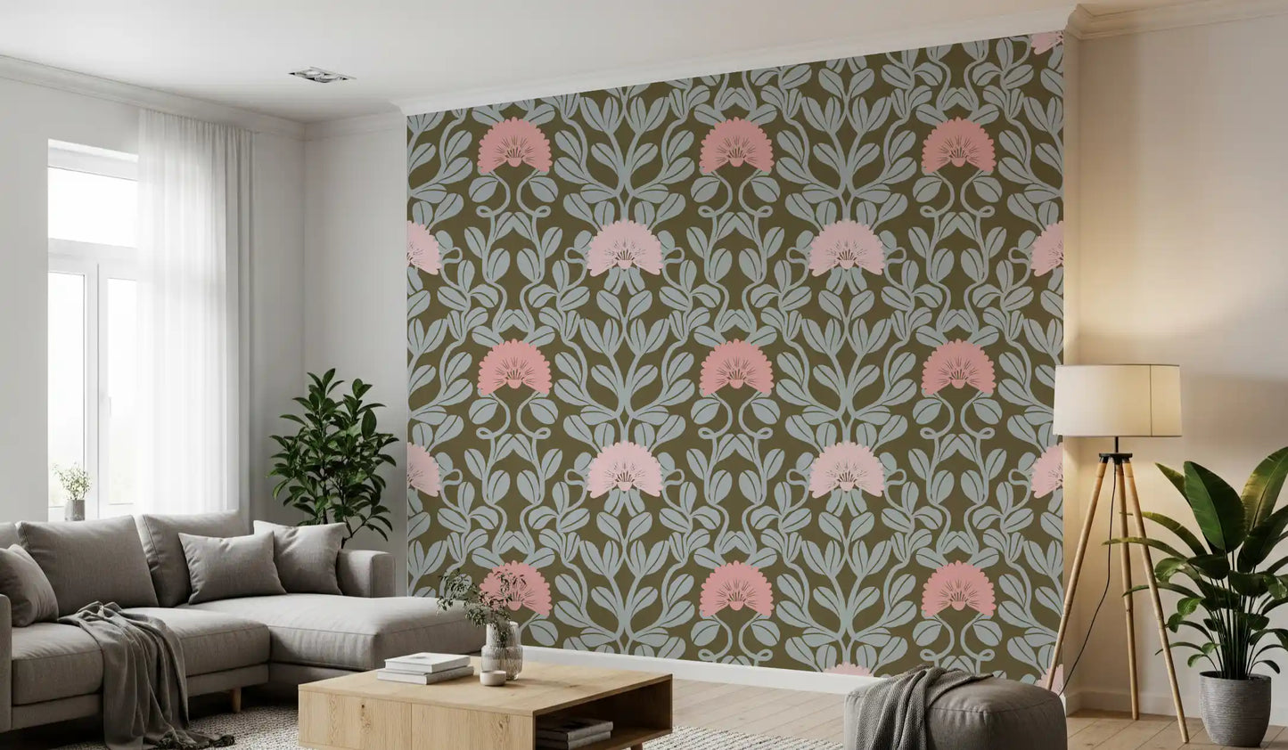 Sage and Blush Botanical Damask Wallpaper⁠