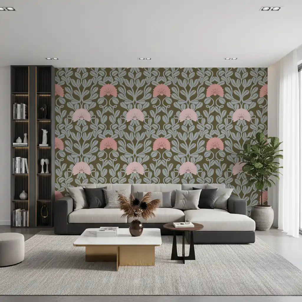 Sage and Blush Botanical Damask Wallpaper⁠