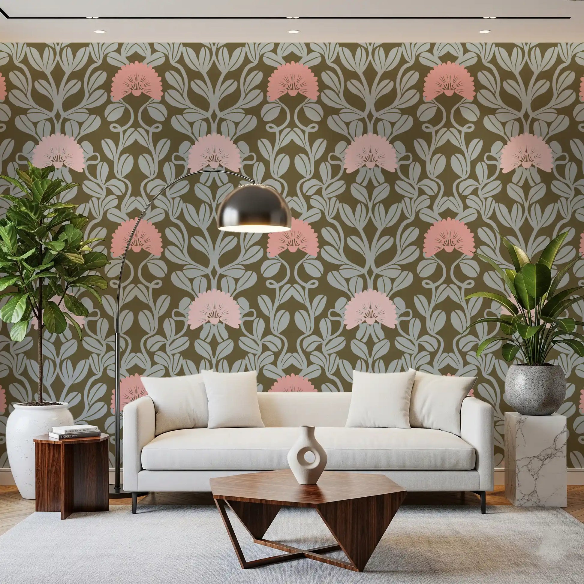 Sage and Blush Botanical Damask Wallpaper⁠