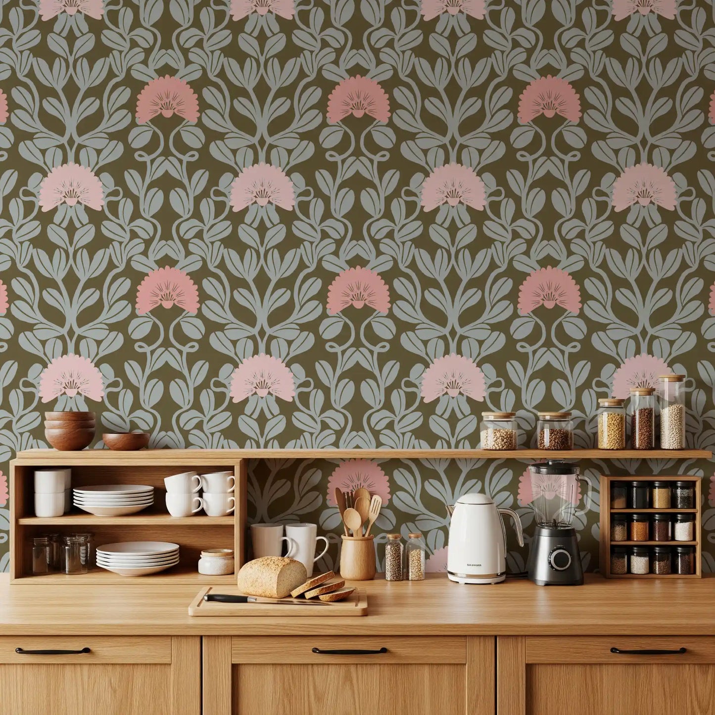 Sage and Blush Botanical Damask Wallpaper⁠