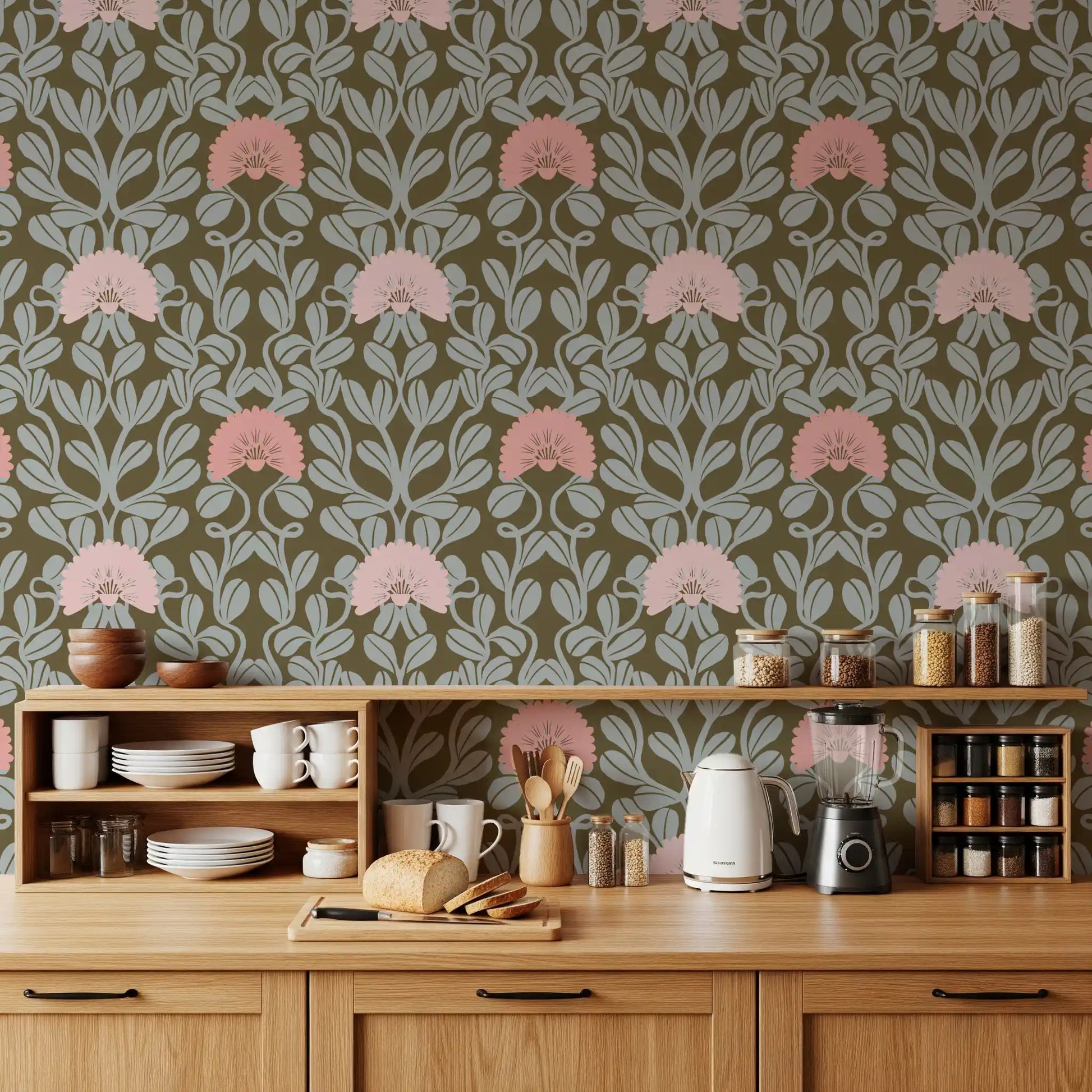Sage and Blush Botanical Damask Wallpaper⁠
