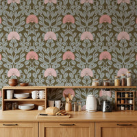 Sage and Blush Botanical Damask Wallpaper⁠