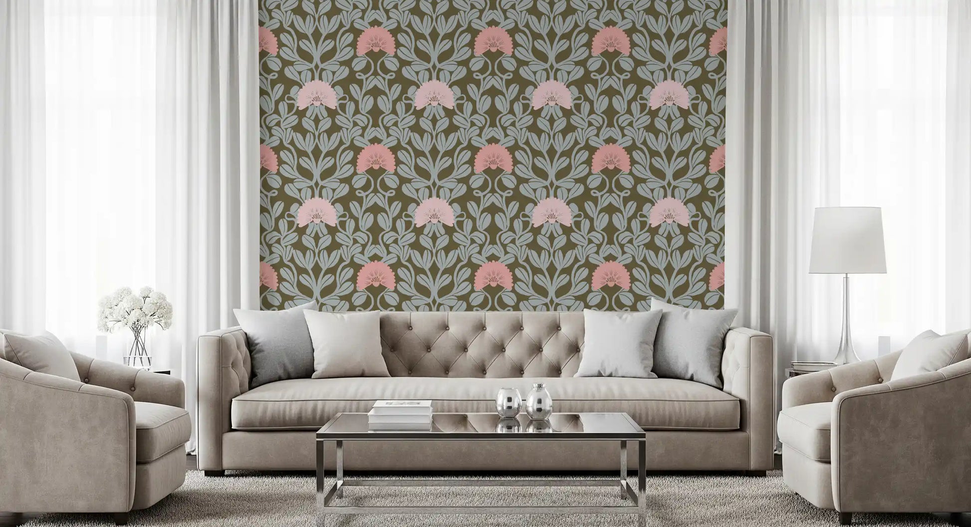 Sage and Blush Botanical Damask Wallpaper⁠