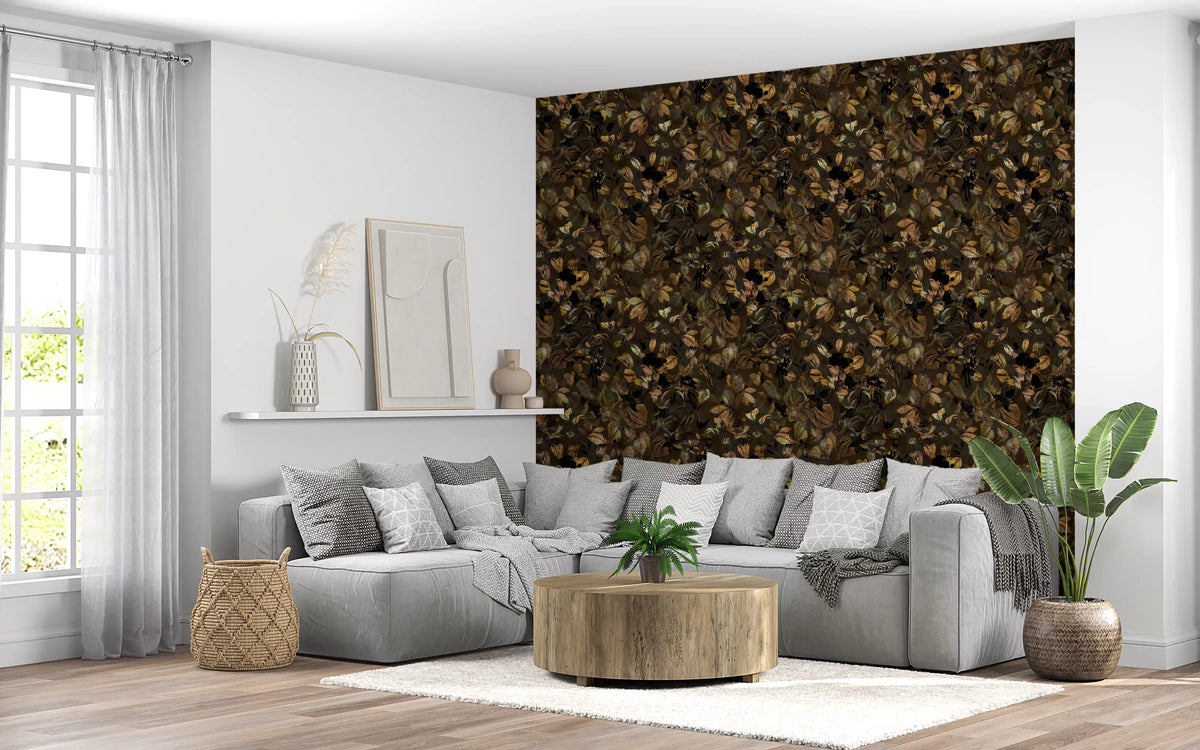 Dark autumn leaf wallpaper in a cosy living room GD11856