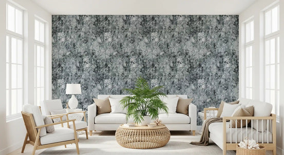 Grey botanical wallpaper in a bright living room GD11859