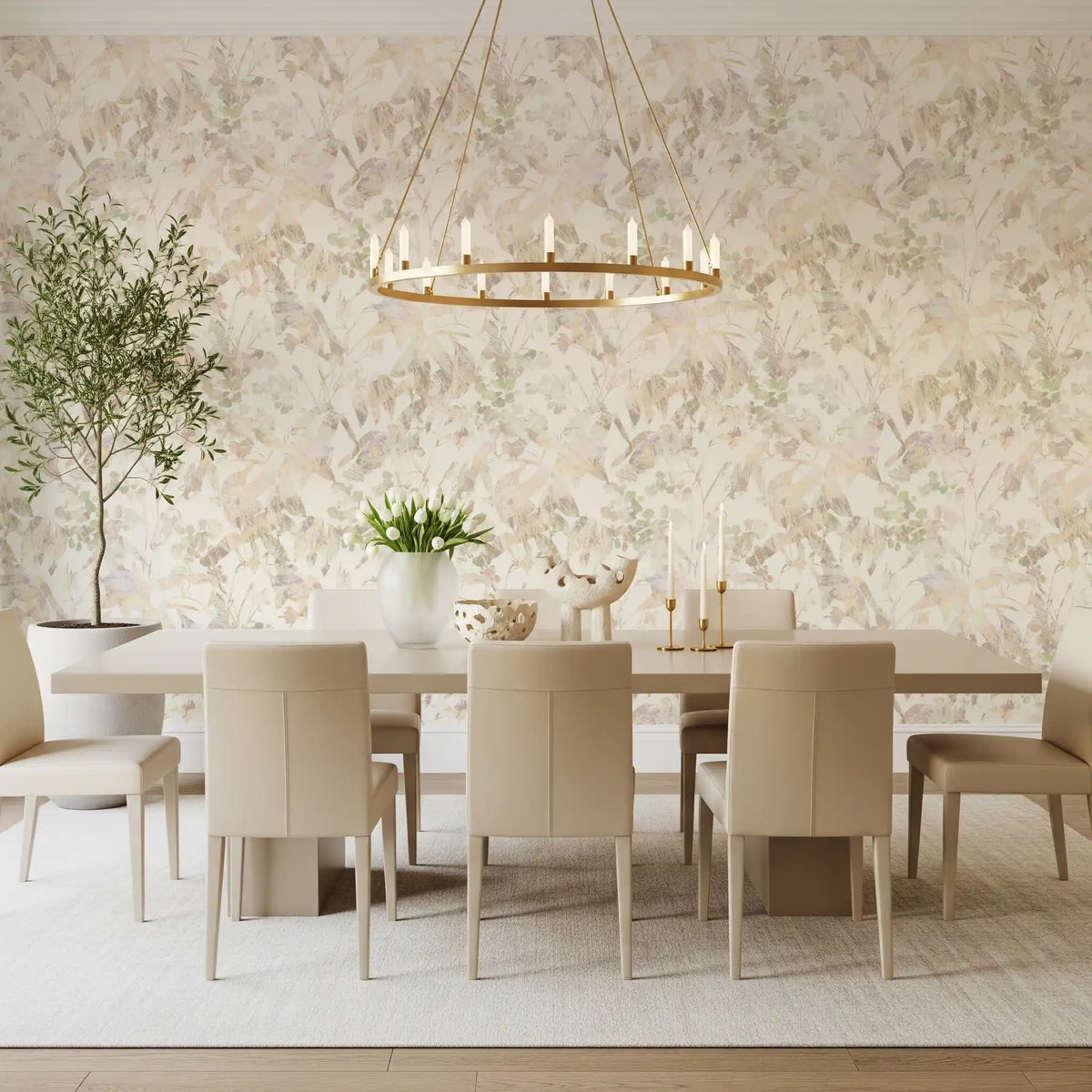 Sage leaf wallpaper behind a dining table GD11861