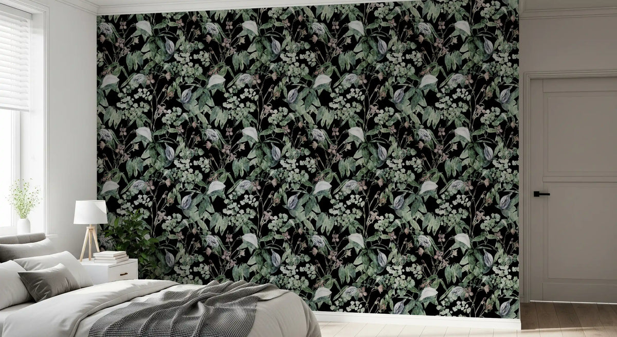 Dark botanical wallpaper on a calm bedroom wall GD11864