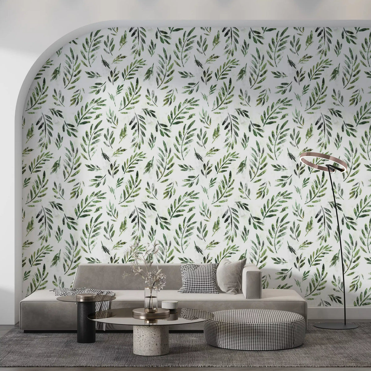 Green leaf sprig wallpaper in a modern living room GD11865