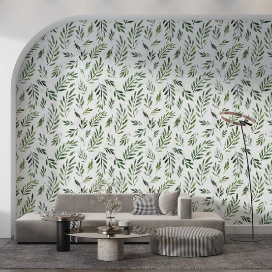 Rustic Botanical Green Leaves Wallpaper⁠