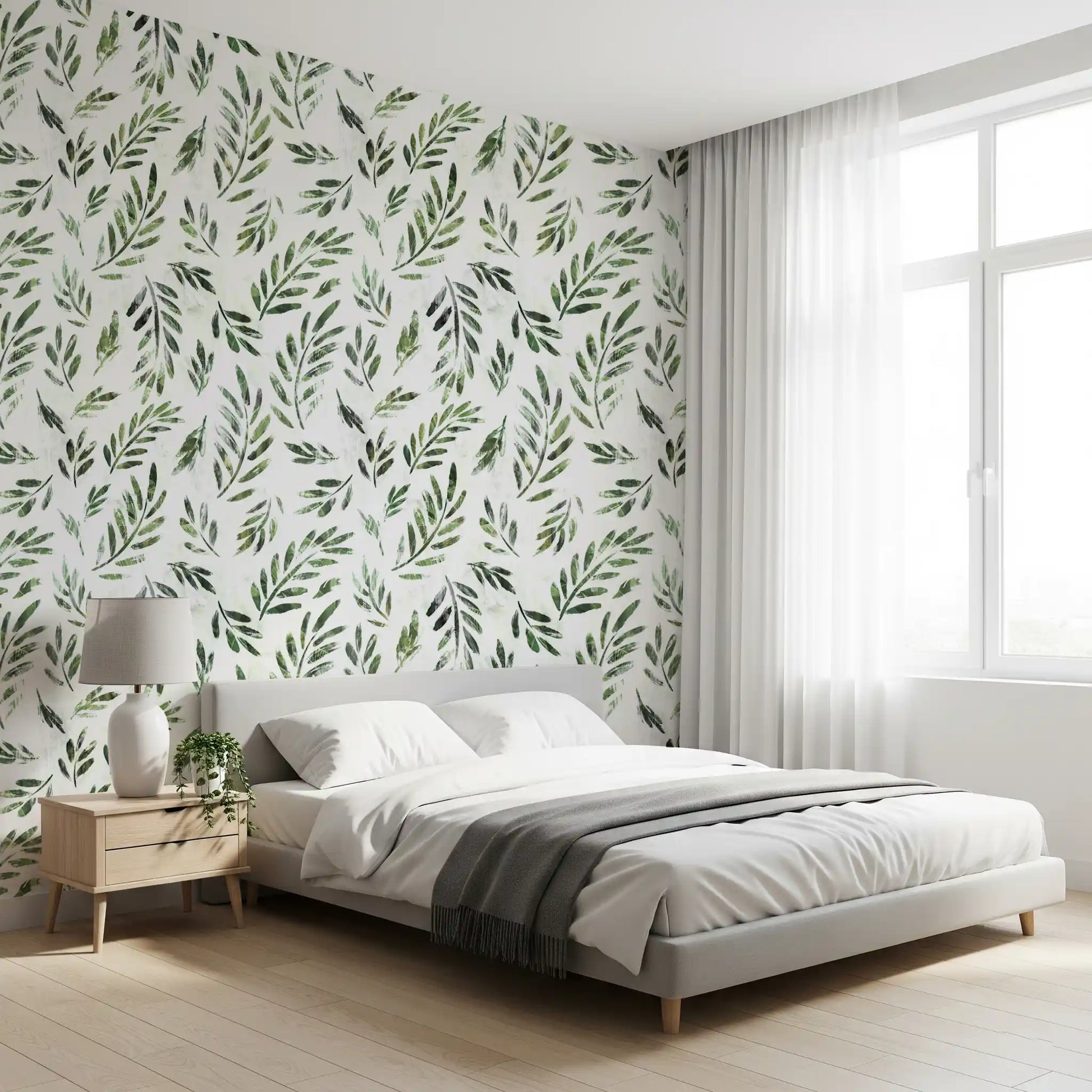 Rustic Botanical Green Leaves Wallpaper⁠