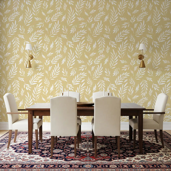 Golden foliage wallpaper behind a dining table GD11867