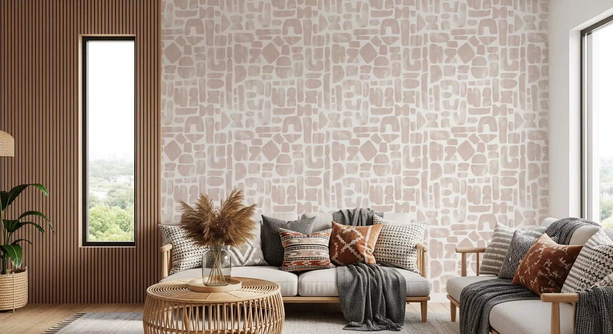 Blush pink abstract wallpaper in a cosy living room GD11870