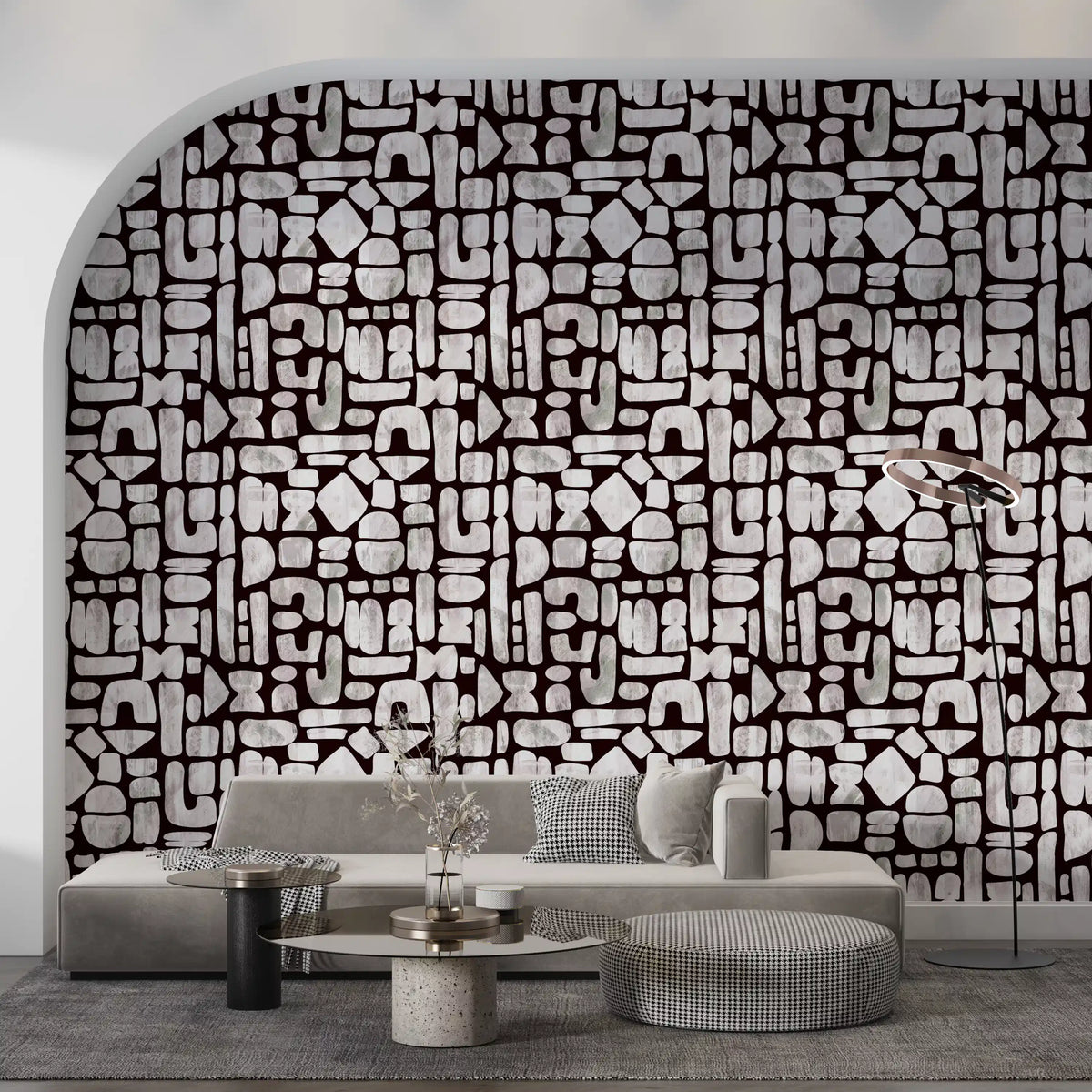Black and cream abstract shapes wallpaper in a cosy living room GD11871