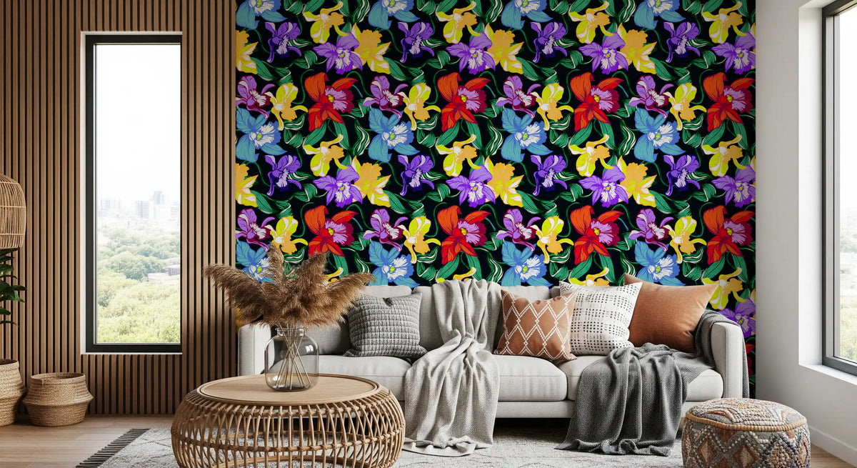 Colourful orchid wallpaper in a cosy living room GD11872