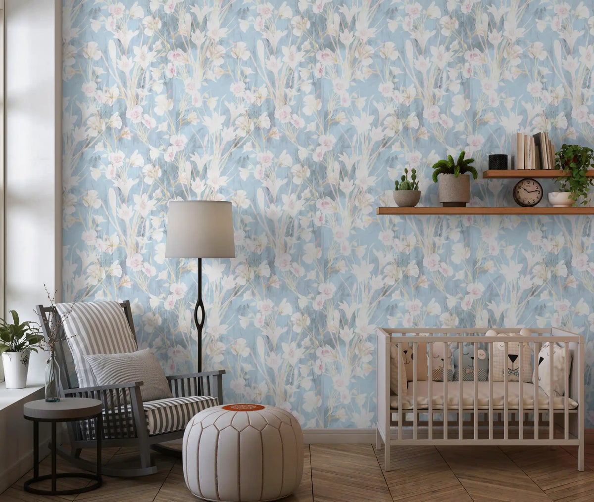 Soft blue floral wallpaper in a gentle nursery GD11873