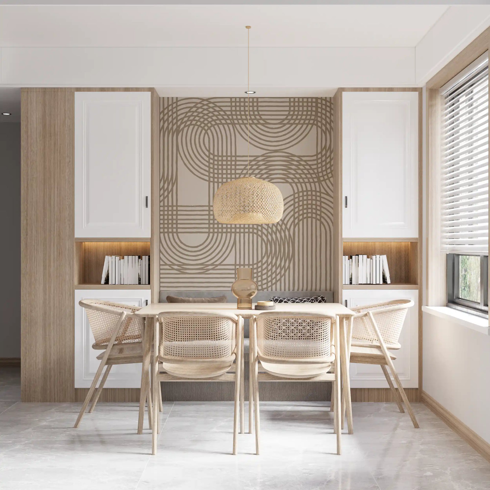 Beige line-art mural behind a dining table GD11877