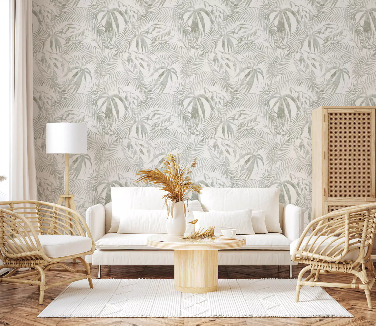 Sage palm leaf wallpaper in a bright living room GD11879
