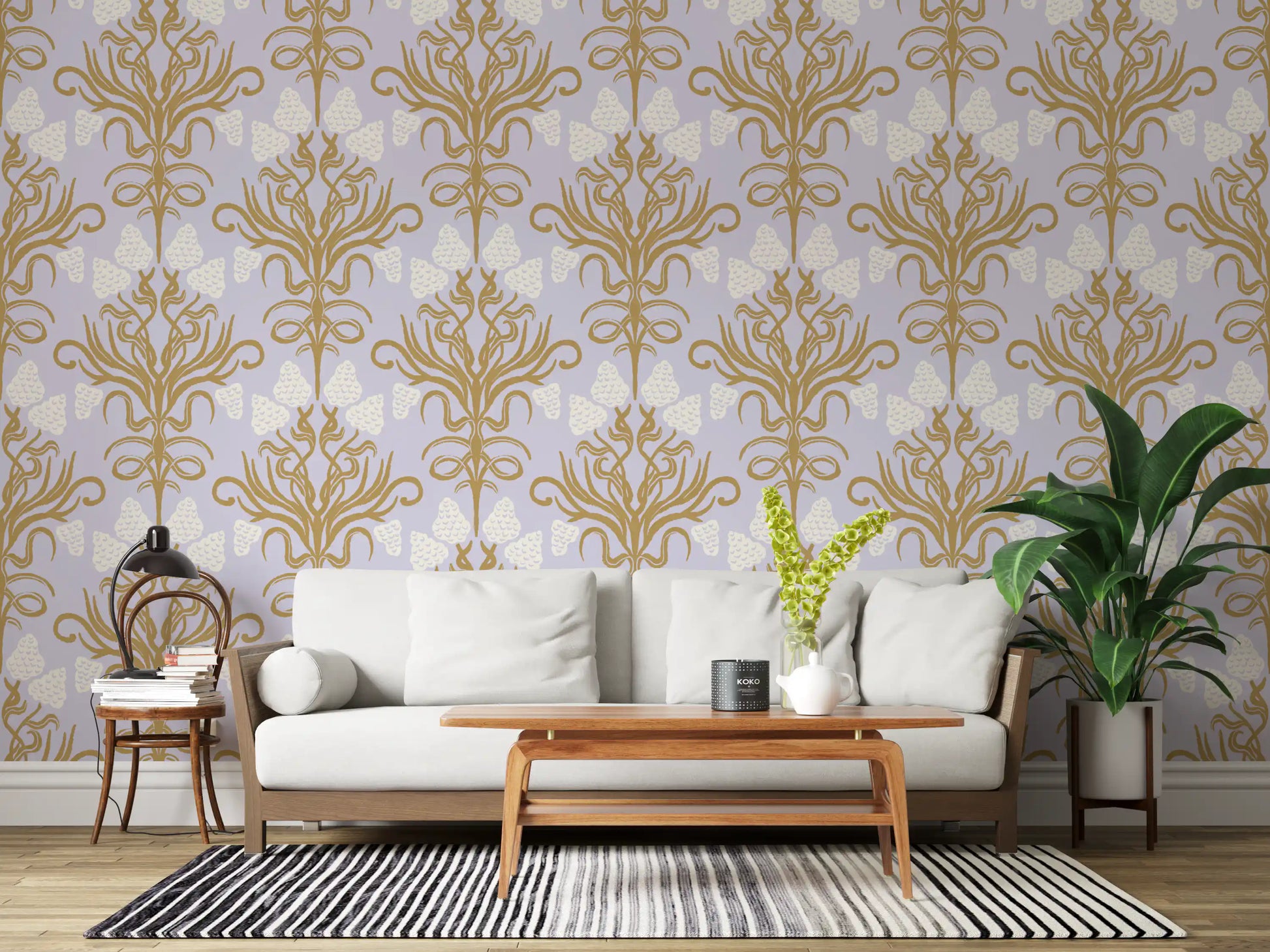 Art Nouveau Gold and Lavender Botanical Wallpaper⁠