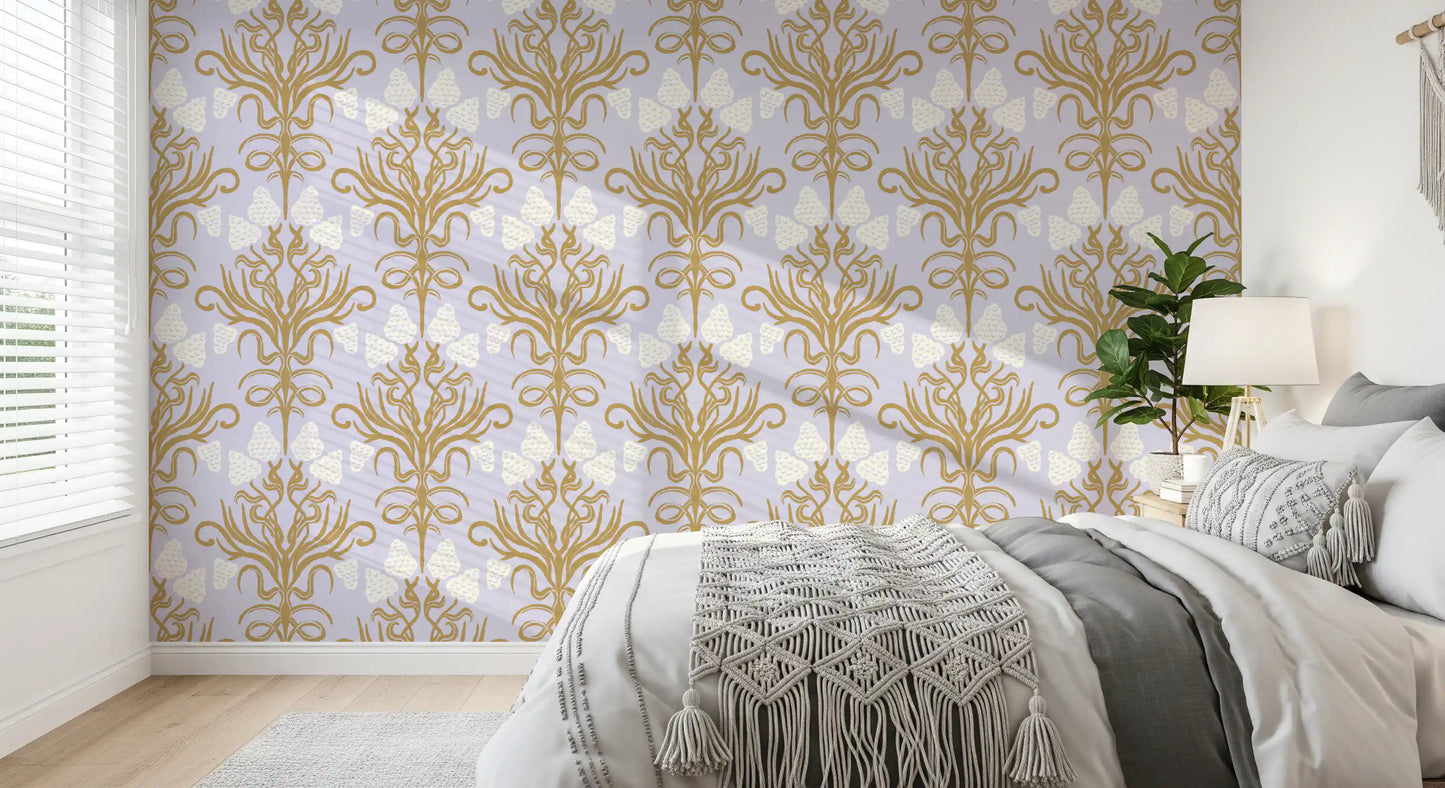 Art Nouveau Gold and Lavender Botanical Wallpaper⁠