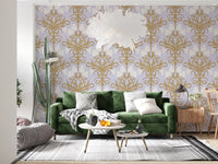 Art Nouveau Gold and Lavender Botanical Wallpaper⁠