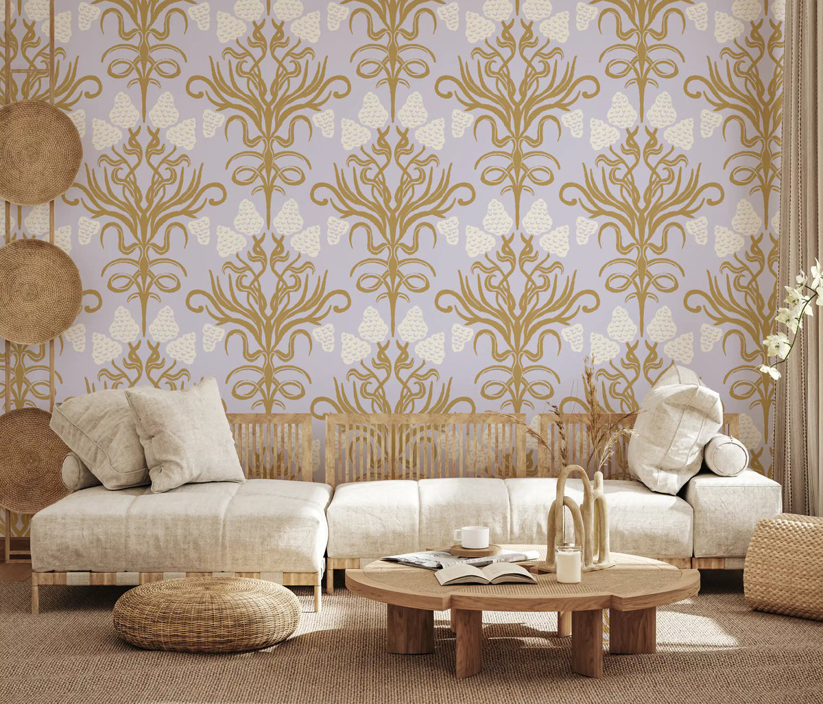 Gold and lavender damask wallpaper in a cosy living room GD11882