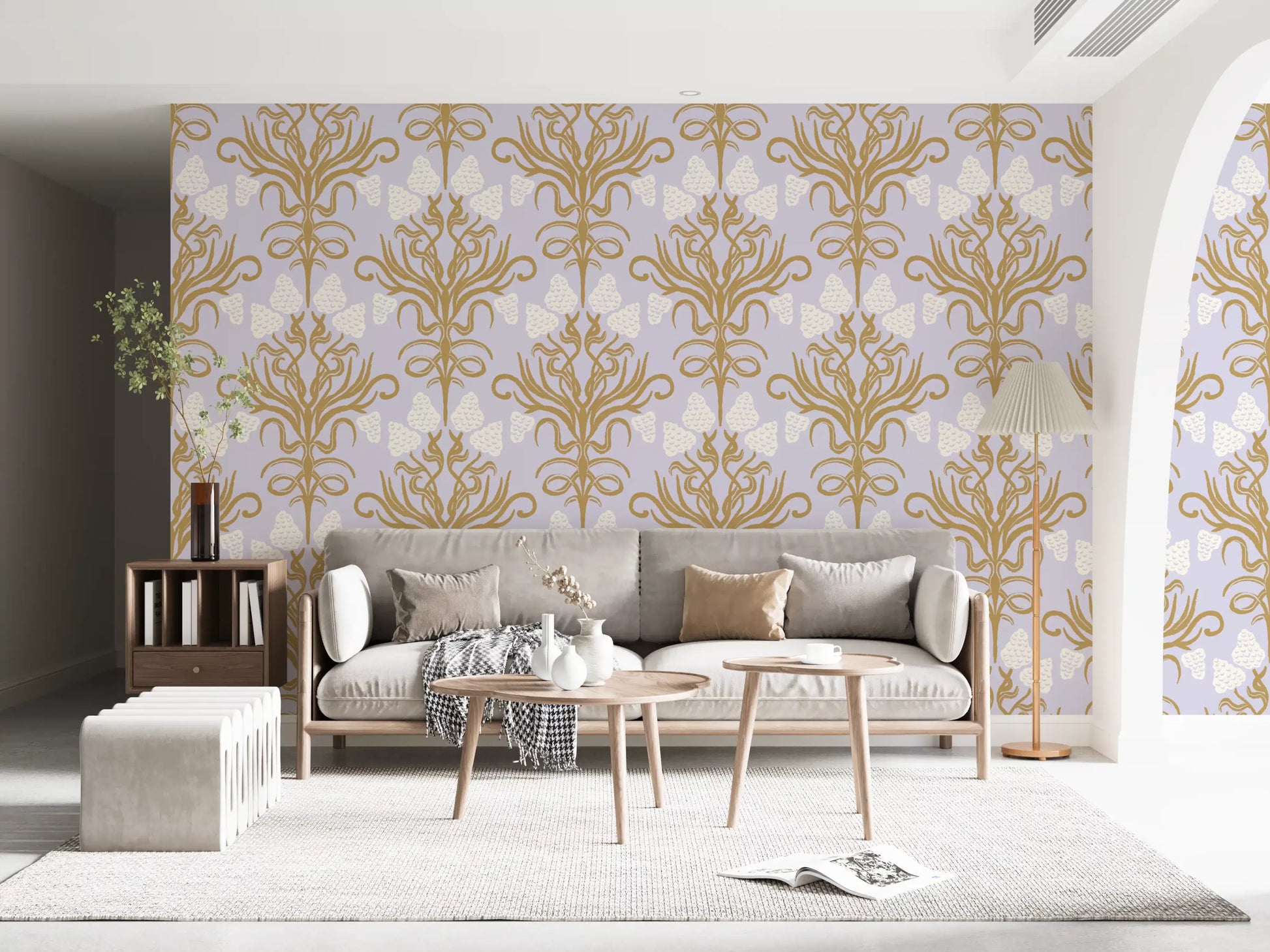 Art Nouveau Gold and Lavender Botanical Wallpaper⁠