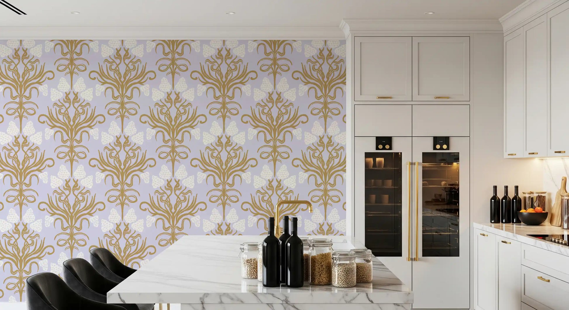 Art Nouveau Gold and Lavender Botanical Wallpaper⁠