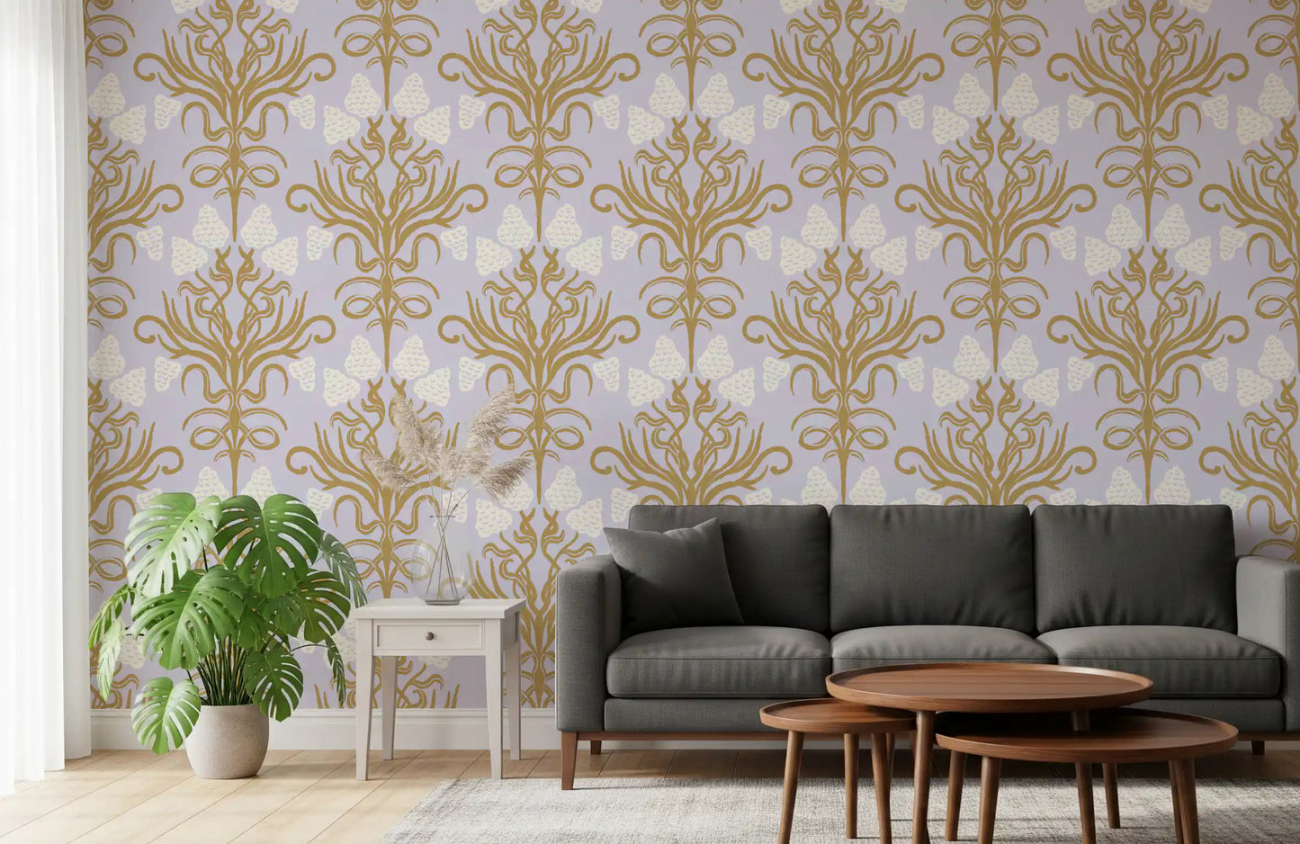 Art Nouveau Gold and Lavender Botanical Wallpaper⁠