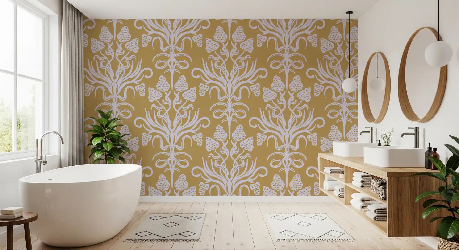 Golden Botanical Damask Motif Wallpaper⁠