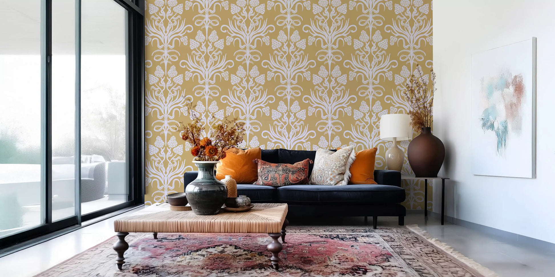 Golden Botanical Damask Motif Wallpaper⁠