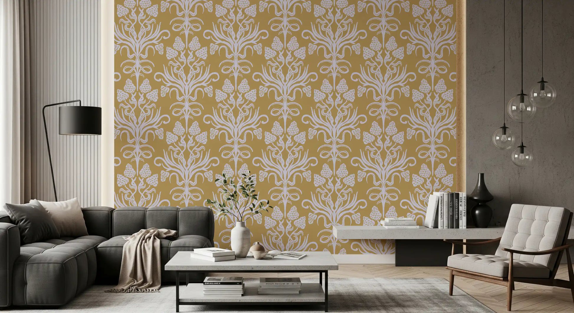 Golden Botanical Damask Motif Wallpaper⁠