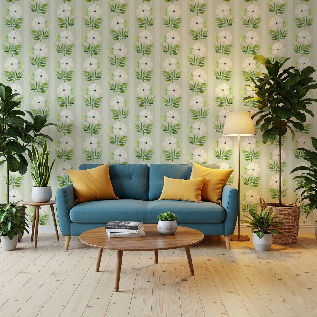 Sage floral stripe wallpaper behind a teal living room sofa GD11885