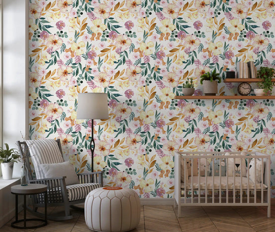 Watercolour meadow floral wallpaper in a gentle nursery GD11886