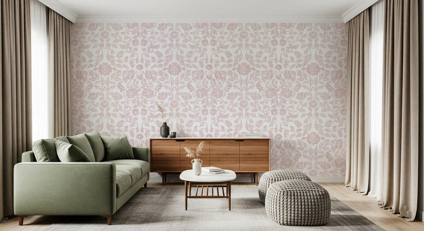 Soft Blush Botanical Textile Print Wallpaper⁠