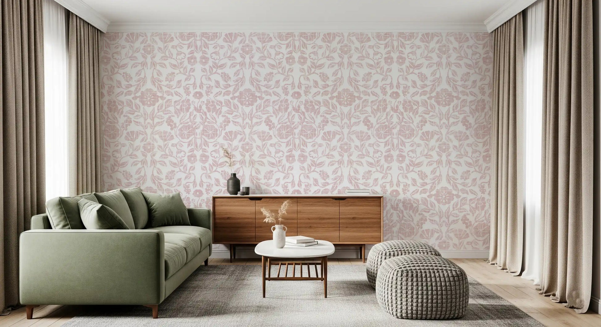 Soft Blush Botanical Textile Print Wallpaper⁠