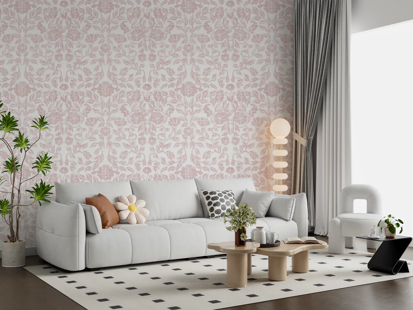 Soft Blush Botanical Textile Print Wallpaper⁠