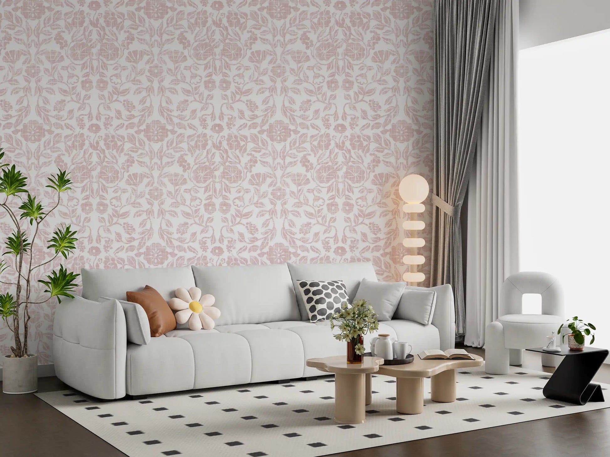 Soft Blush Botanical Textile Print Wallpaper⁠