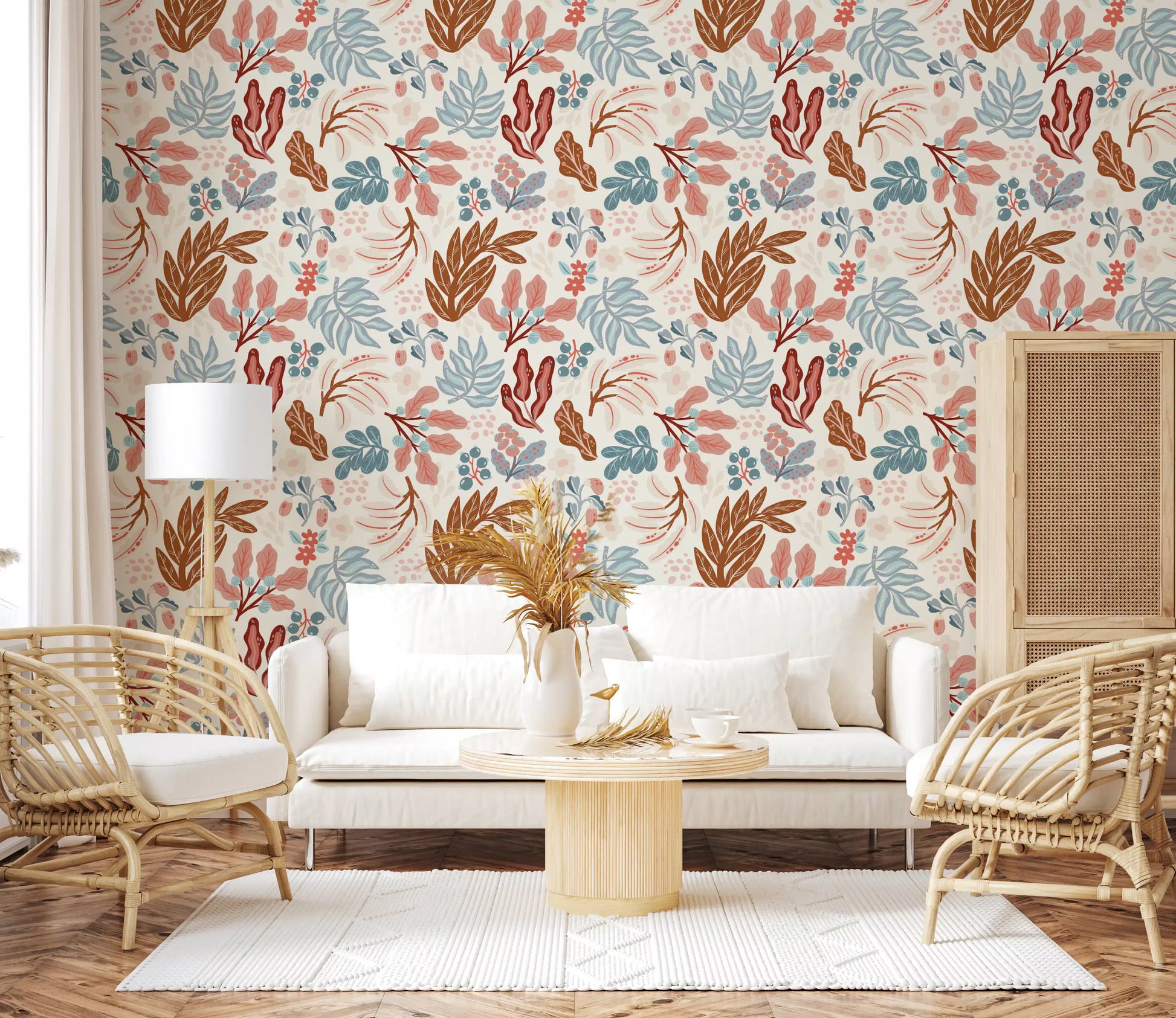 Muted Autumn Botanical Folk Art Wallpaper⁠