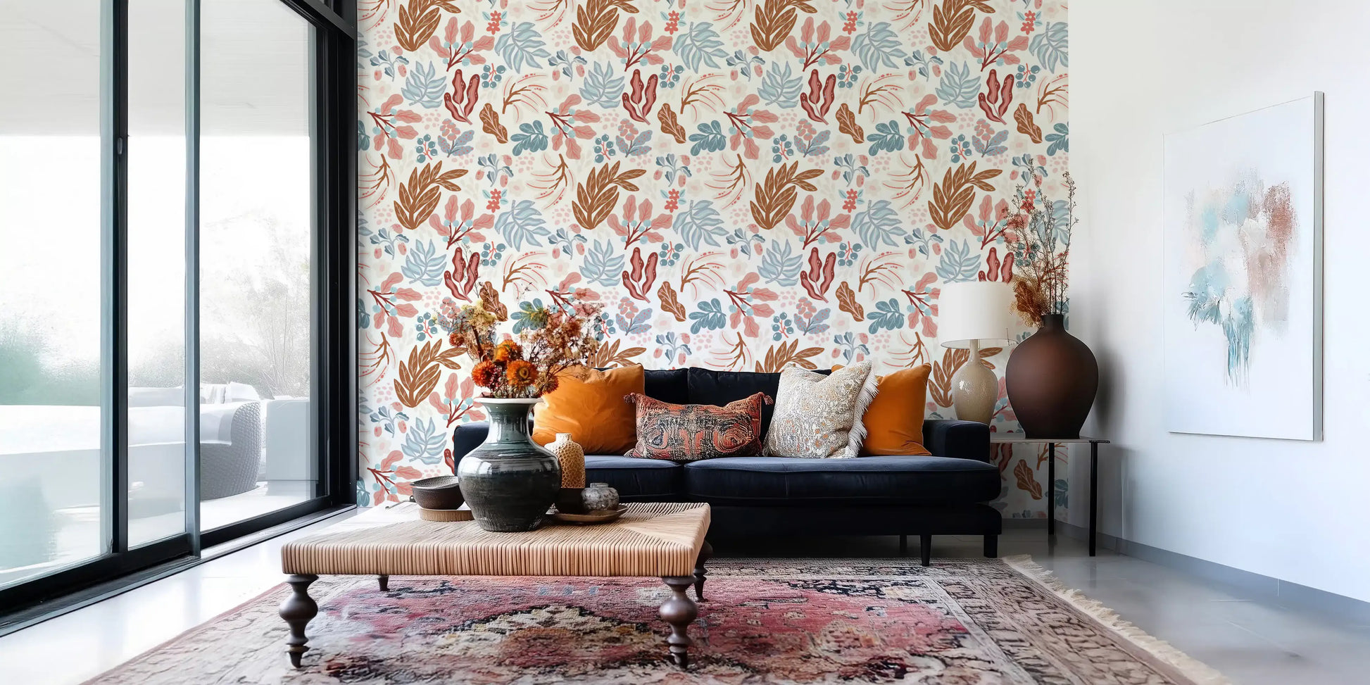 Muted Autumn Botanical Folk Art Wallpaper⁠