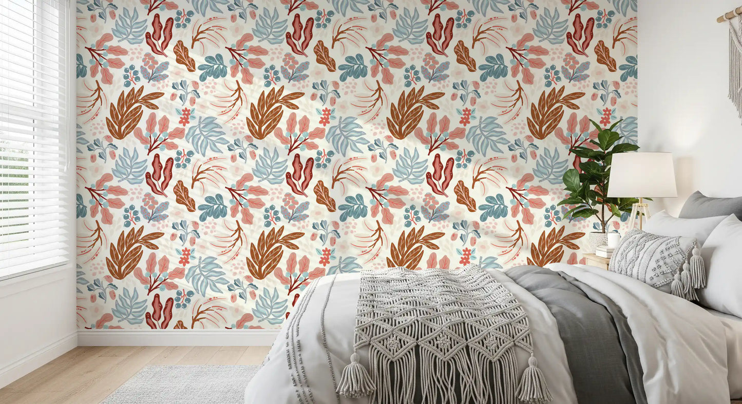 Muted Autumn Botanical Folk Art Wallpaper⁠