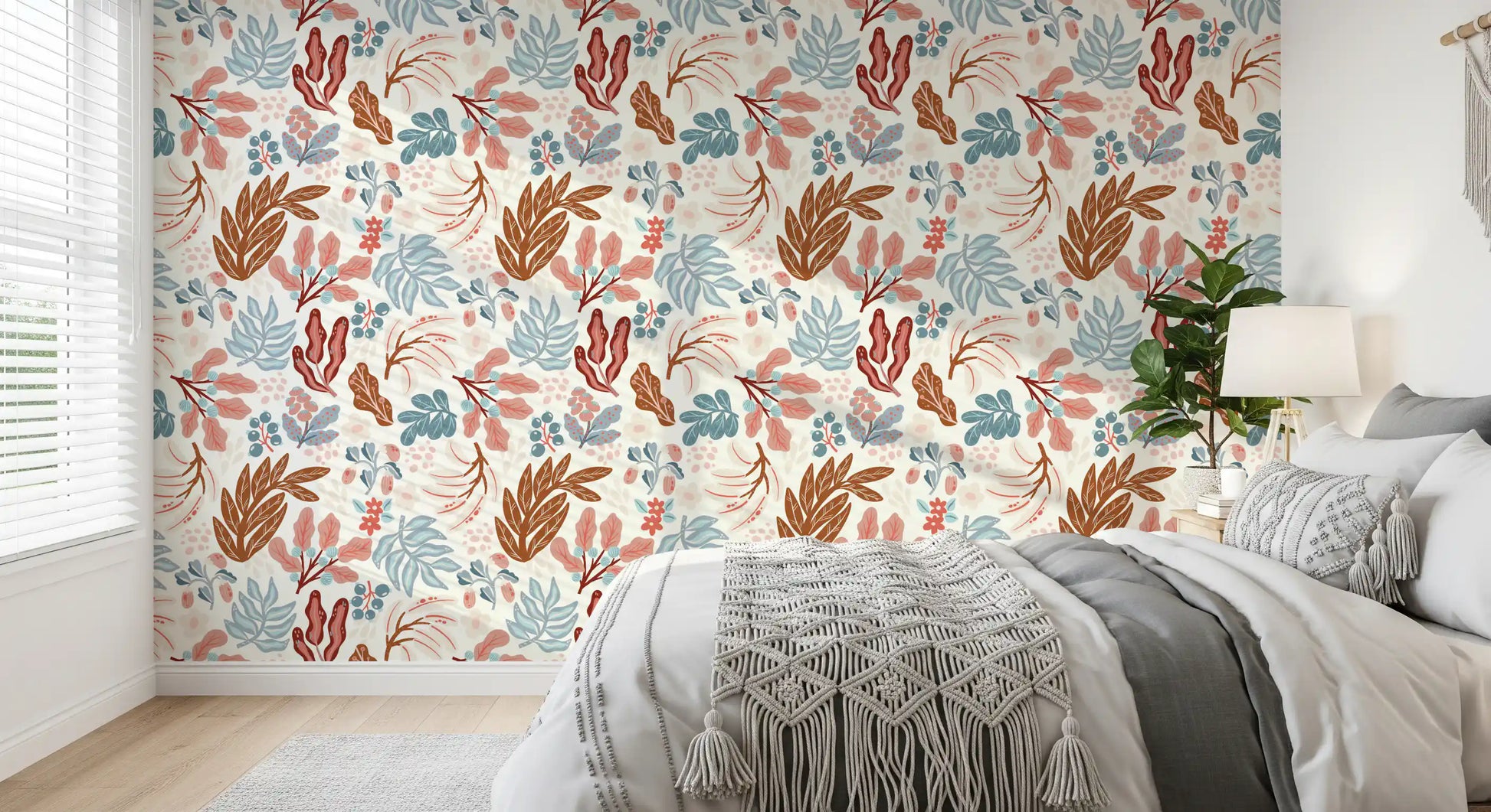 Muted Autumn Botanical Folk Art Wallpaper⁠
