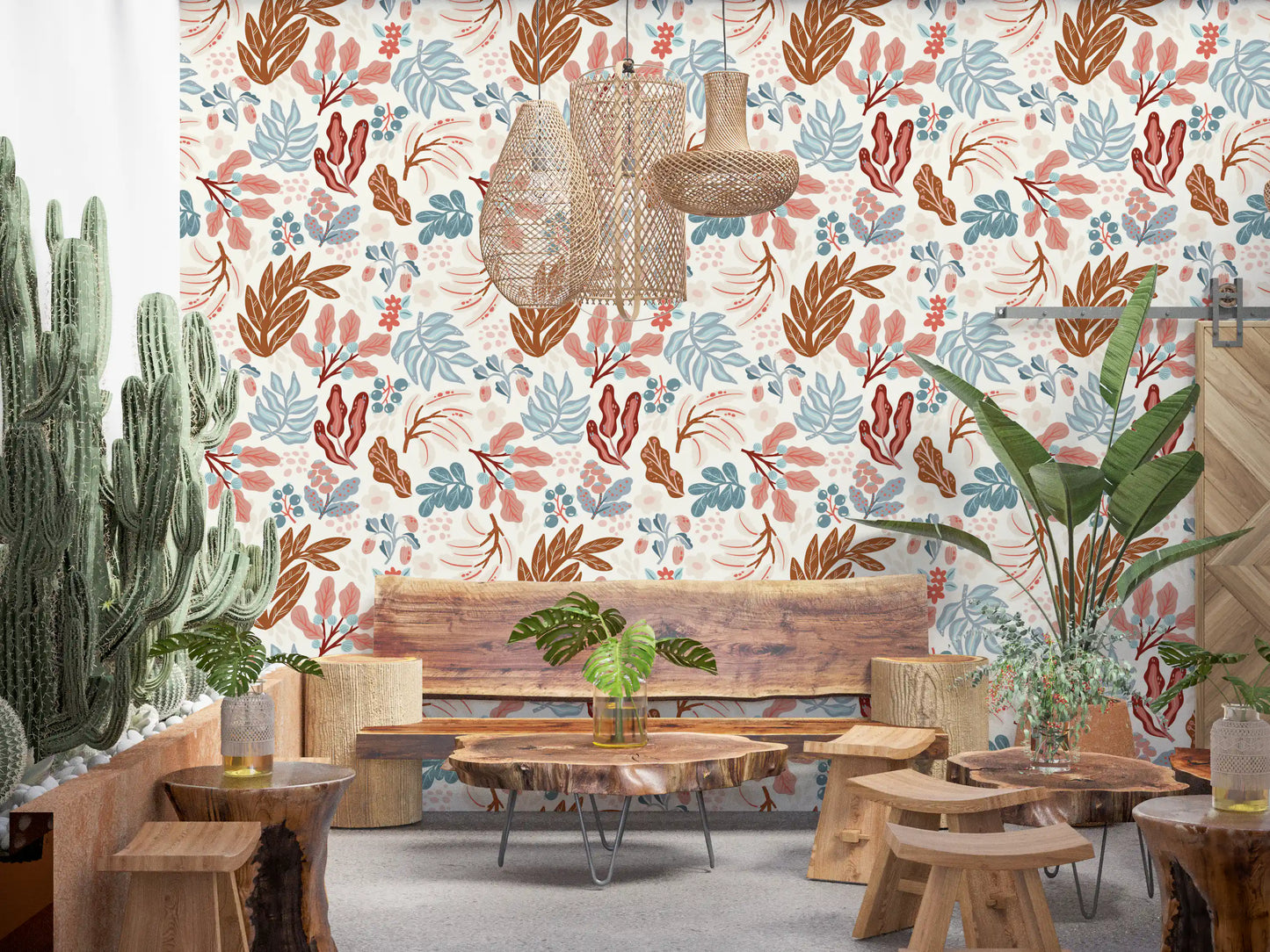 Muted Autumn Botanical Folk Art Wallpaper⁠