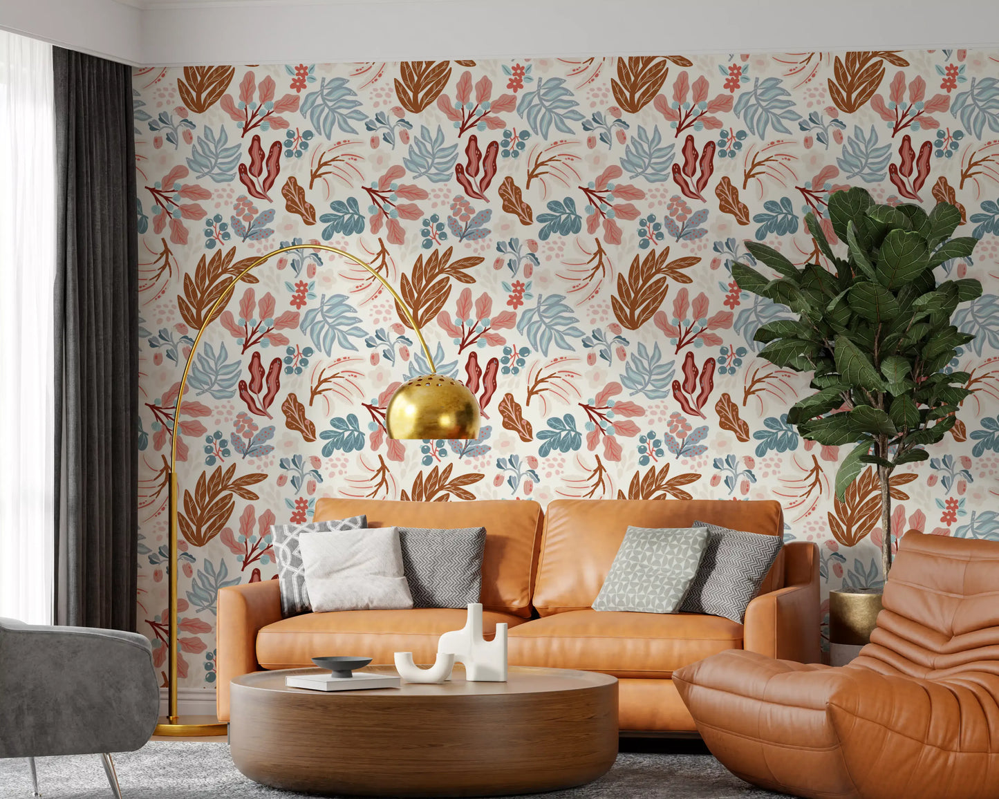 Muted Autumn Botanical Folk Art Wallpaper⁠