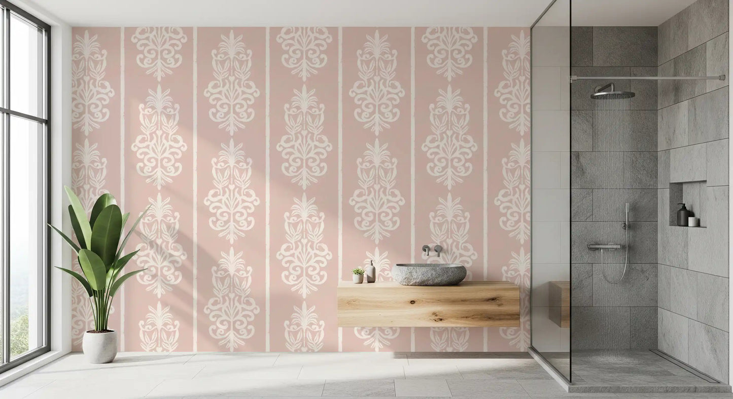 Blush Damask Striped Motif Wallpaper⁠